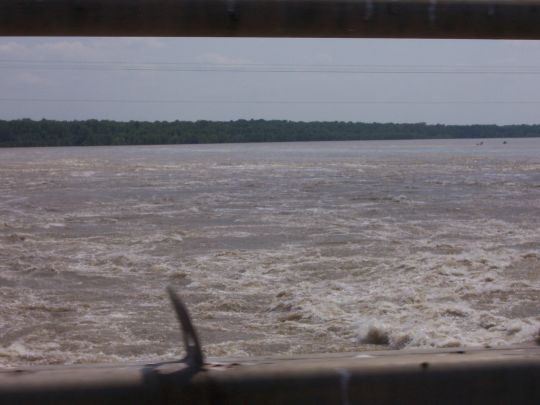 Mississippi River water flowing through the Morganza Spillway